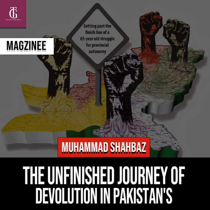 Map of pakistan with military persons and written Unfinished journey of devolution in Pakistan